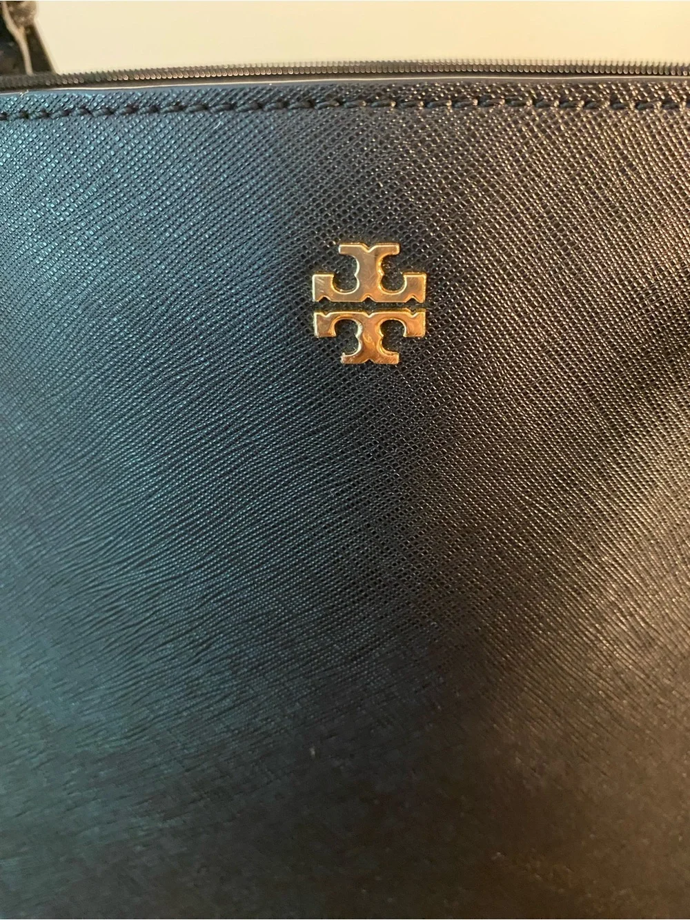 Tory Burch Black Saffiano Tote with Gold Logo Flaw